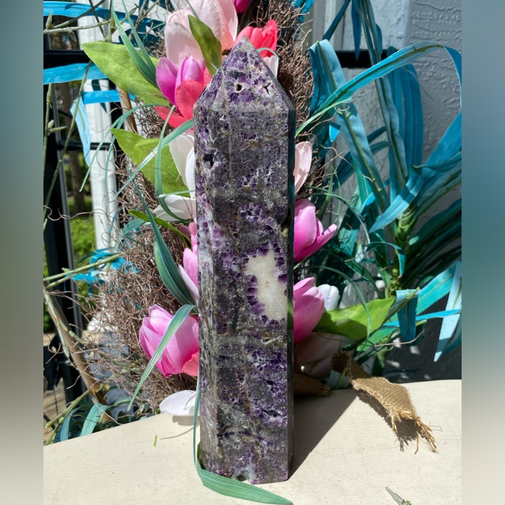 12” Sugar Druzy Sphalerite & Purple Fluorite Tower - Picture 2 of 14